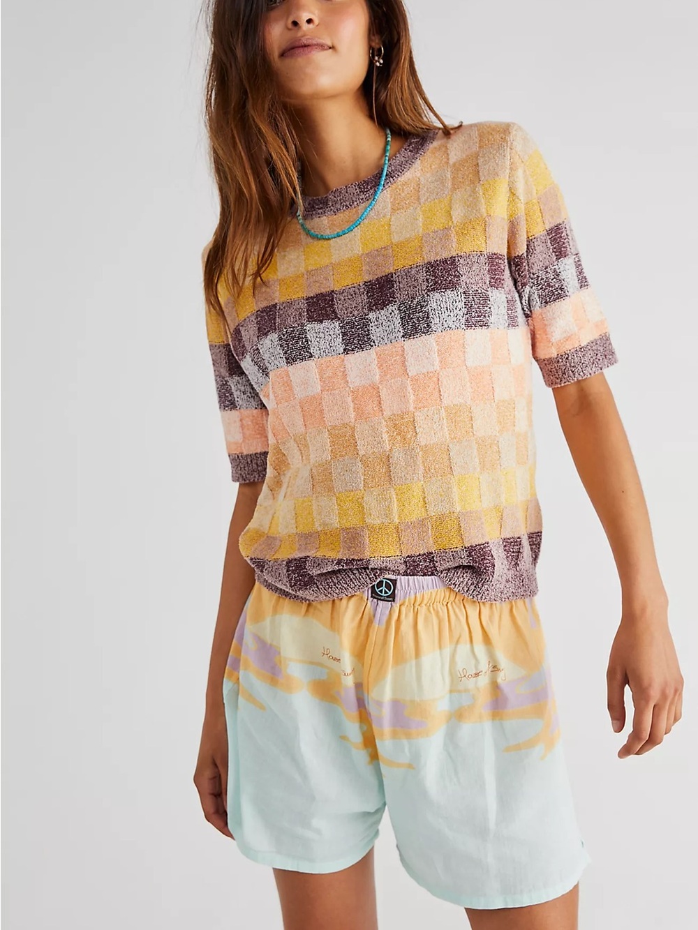 Free People Hudson Pullover Textured Checker Knit Short Sleeve Sweater Small